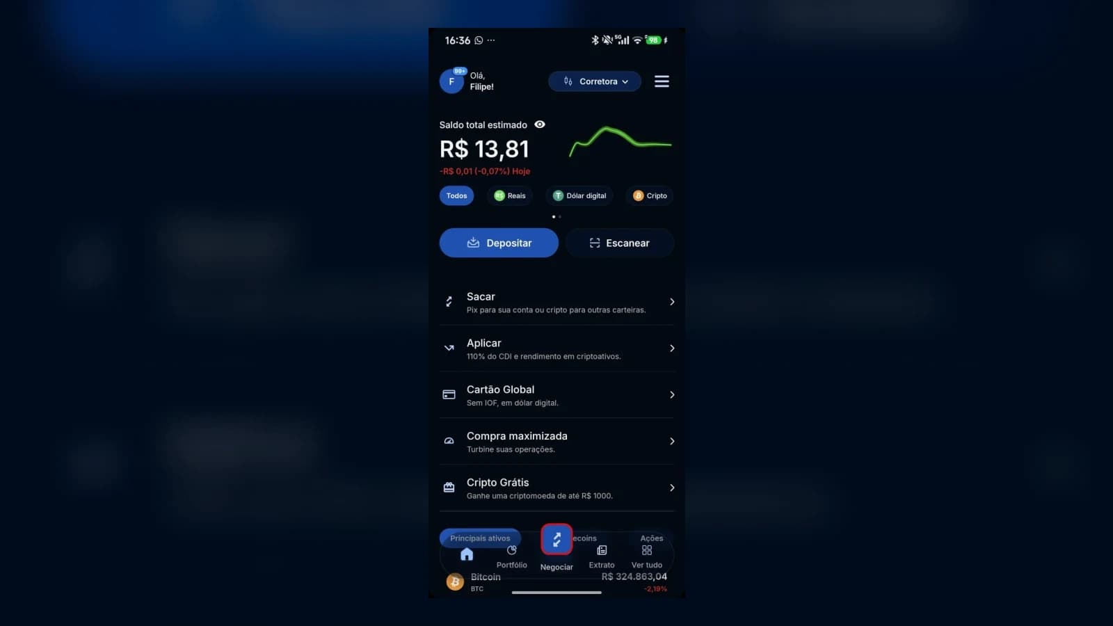 Tela inicial do app com o botão Negociar destacado